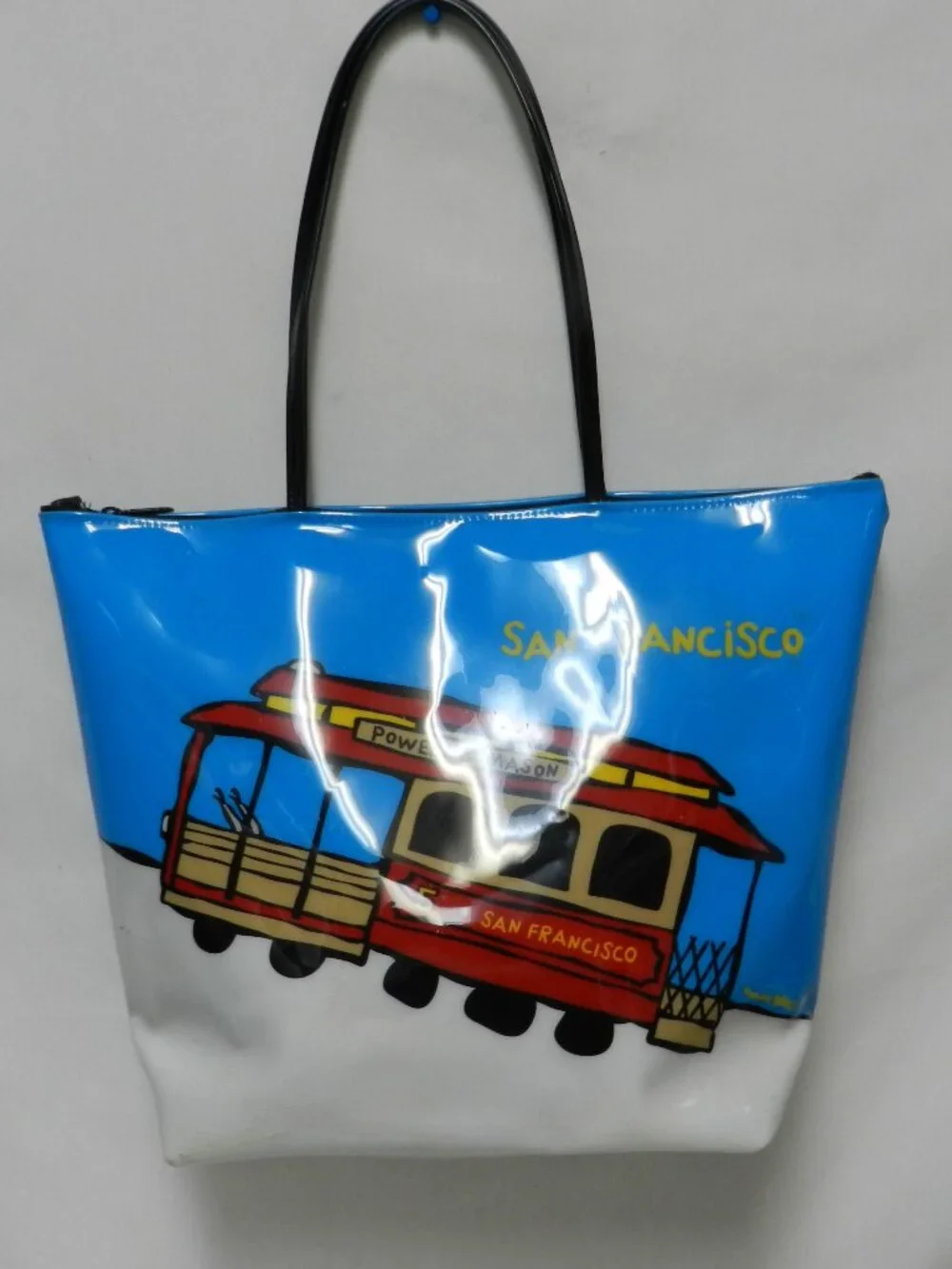 Marc Tetro San Francisco Trolley tram vinyl tote bag purse large zip blue red